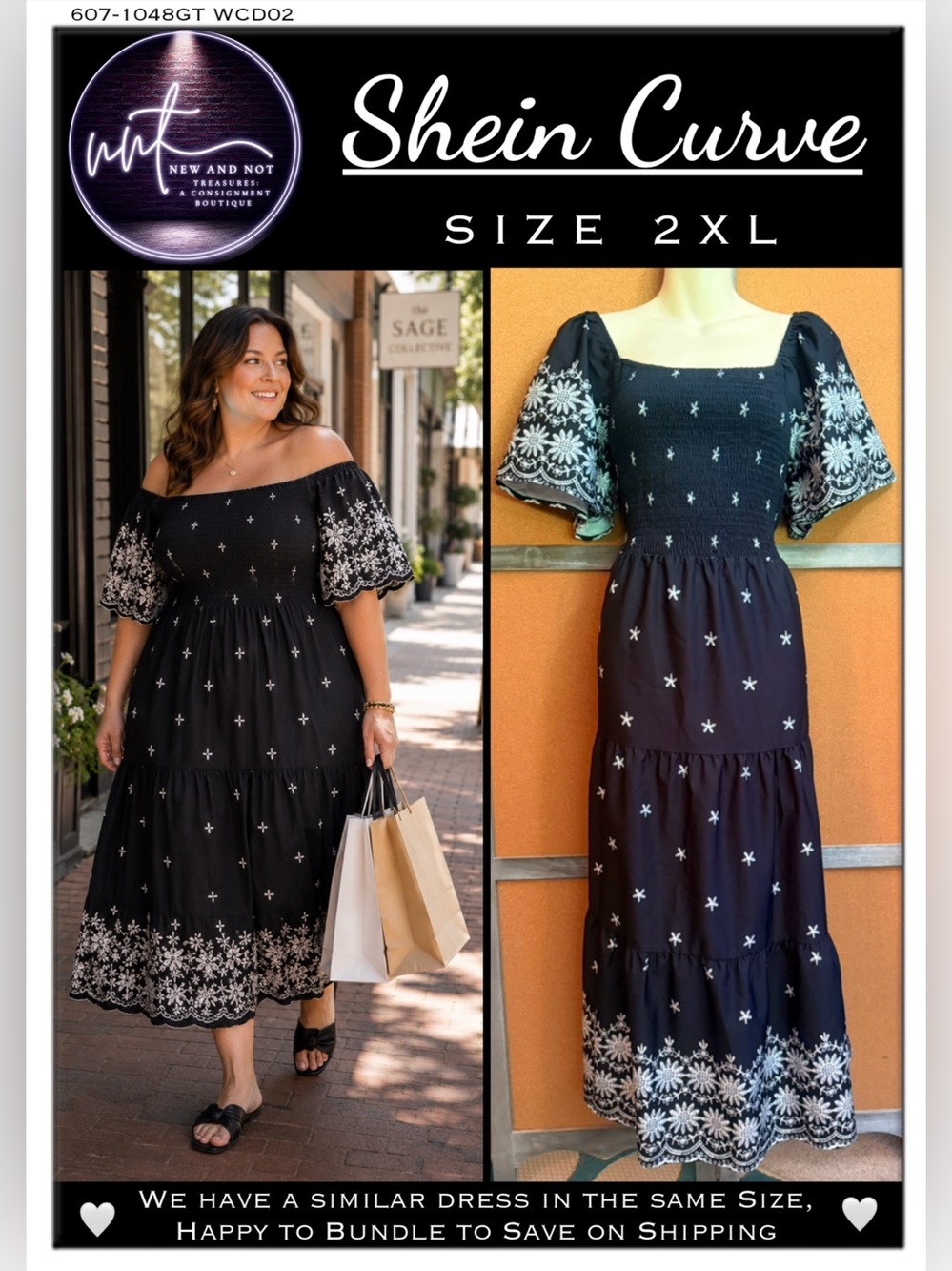 SHEIN Curve Black White Floral Embroidered Smocked Tiered Maxi Dress Size 2X